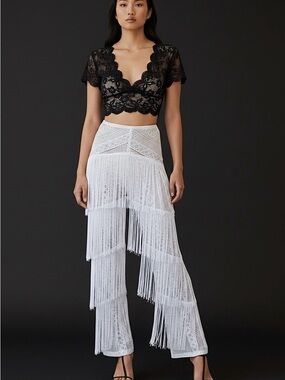FRINGE Vintage Y2K White Crochet Lace Pants | XS Tiered Festival Boho Trousers